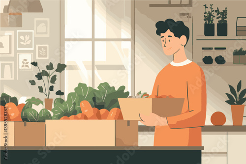 Man unpacking fresh produce in kitchen