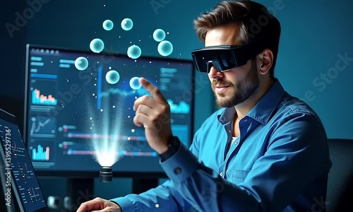 Man uses VR glasses to interact with digital data, futuristic technology, innovation, virtual reality, digital interface, modern workplace.
