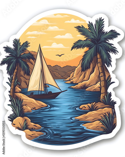 A playful sticker of a simplified Nile River with a sailboat felucca gliding along, framed by palm trees. Soft pastel tones, flat colors, bold lines, clean outline, and a white border.