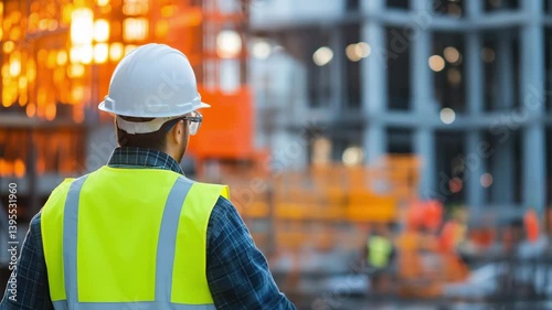 A construction worker in safety gear gives a thumbs up while overseeing the active building site as the sun sets over the city