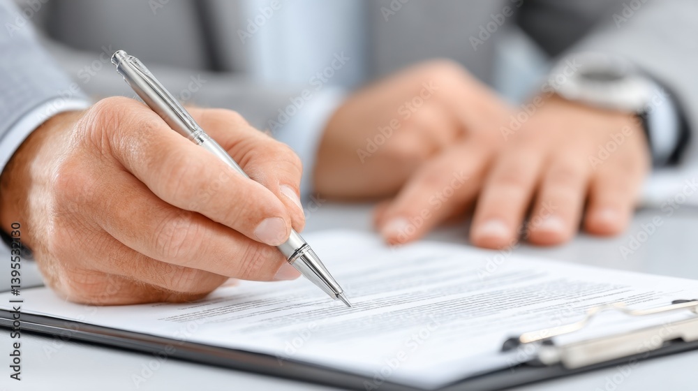 Close-up of a hand signing a document with a pen on a clipboard, representing agreement, approval, or official paperwork. Close-up of a hand signing a document with a pen on a clipboard, representing agreement, approval, or official paperwork.