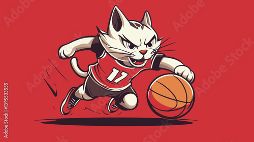 A fierce white cat in a red jersey dribbling a basketball, concept for mascot design, sports team logo, and athletic apparel branding