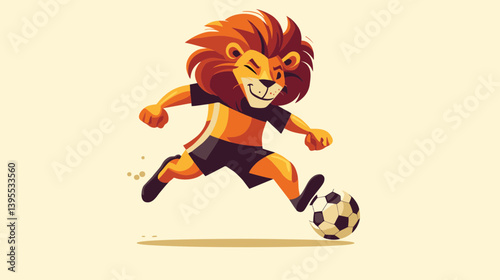 A cartoon lion in a soccer uniform kicks a soccer ball, concept for sports mascot logo, team branding, and football tournament