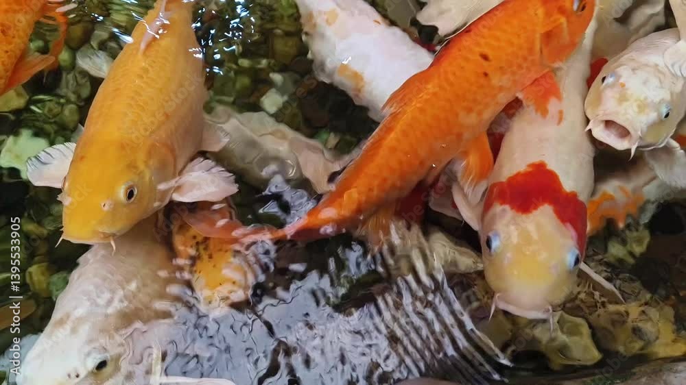 Japanese koi fishes at decorative pond.