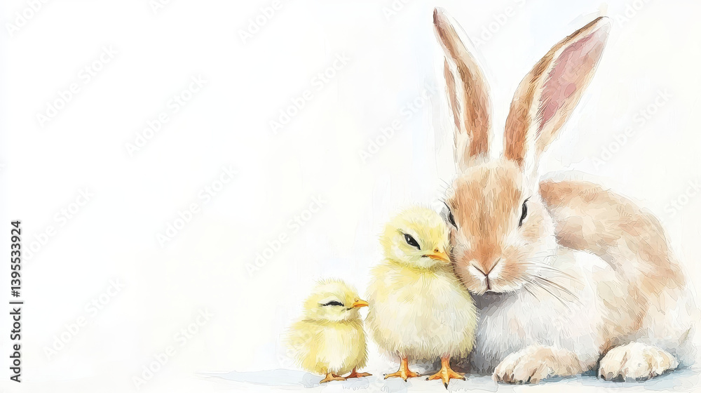Obraz premium Soft pastel colors depict bunny snuggling with two chicks, evoking warmth and tenderness