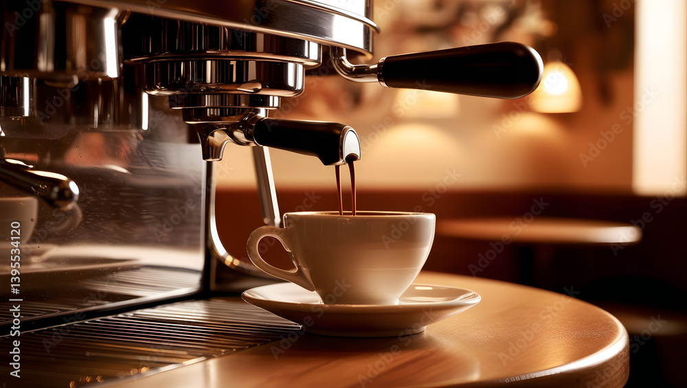 a richly detailed, cinematic photo of a sleek, modern espresso machine dispensing a stream of dark, velvety espresso into a delicate, white ceramic cup, set against a warm, inviting background