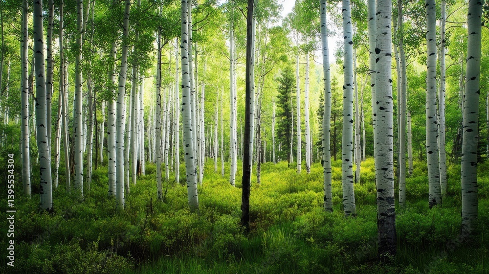 Naklejka premium Serene Aspen Grove in Colorado: A Vibrant Landscape of Fall Foliage and Lush Green Woods