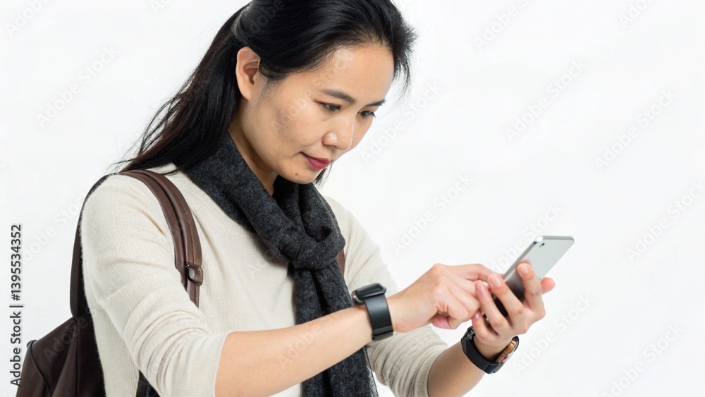 Asian woman looking at smart watch while using smartphone on white background Asian woman looking at smart watch while using smartphone on white background