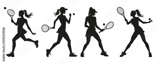 Woman Tennis Player Silhouette Set White Background