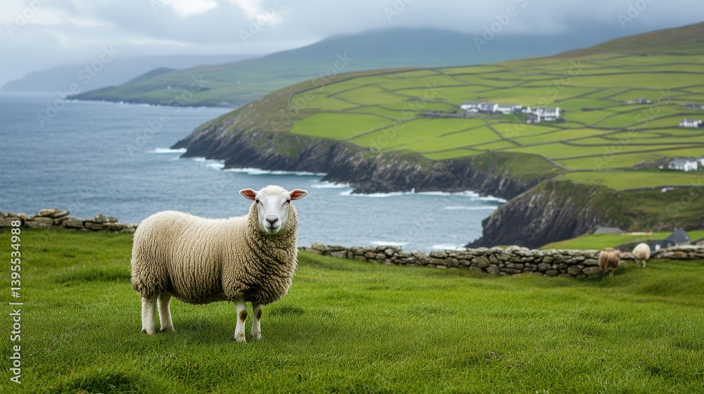 Fototapeta premium Dingle Peninsula: Nature's Jewel with Lush Green Meadows, Charming Sheep, and Scenic Beaches