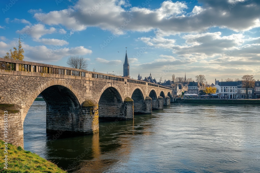 Fototapeta premium Historic Maastricht: Iconic Bridges Over Water in a Charming European Cityscape