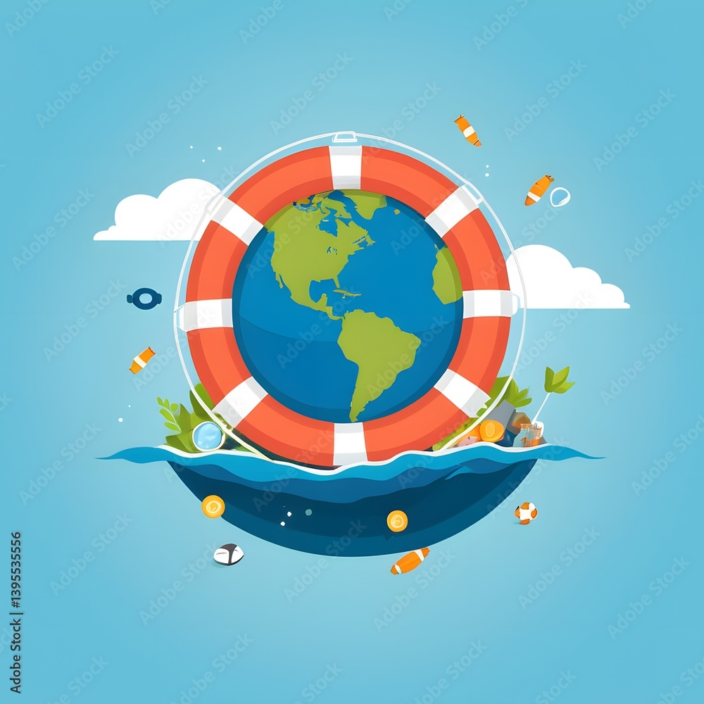 Naklejka premium Earth with Lifebuoy Floating in Ocean - Environmental Conservation and Climate Change Concept Illustration