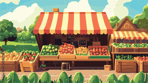 Vibrant farmers market stall overflowing with fresh produce on a sunny day