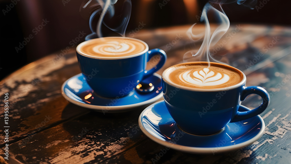 a cinematic, high-contrast photograph of a close-up composition featuring two steaming blue cups, one filled with a rich hot latte coffee and the other with a bold Americano, placed side by side
