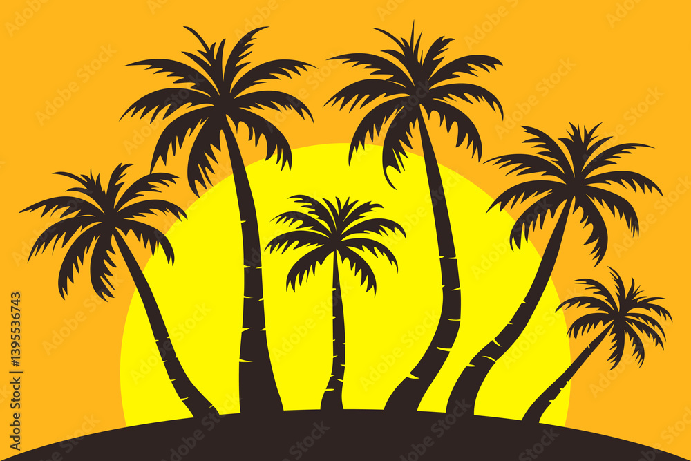 Obraz premium Tropical palm trees at sunset. Summer time, palm trees silhouettes against the sun. Vector illustration of beautiful beach palm trees against the sunset.