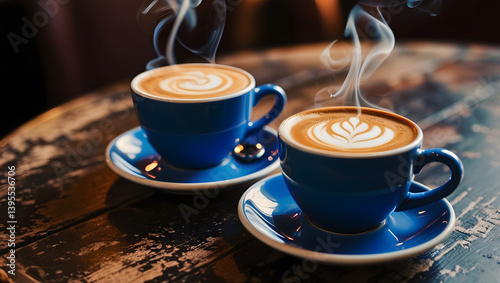 Obraz na płótnie a cinematic, high-contrast photograph of a close-up composition featuring two steaming blue cups, one filled with a rich hot latte coffee and the other with a bold Americano, placed side by side w salonie