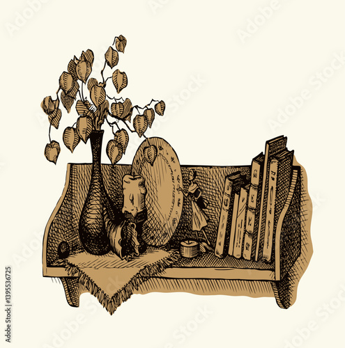 Vector Sketch a shelf with books and souvenirs