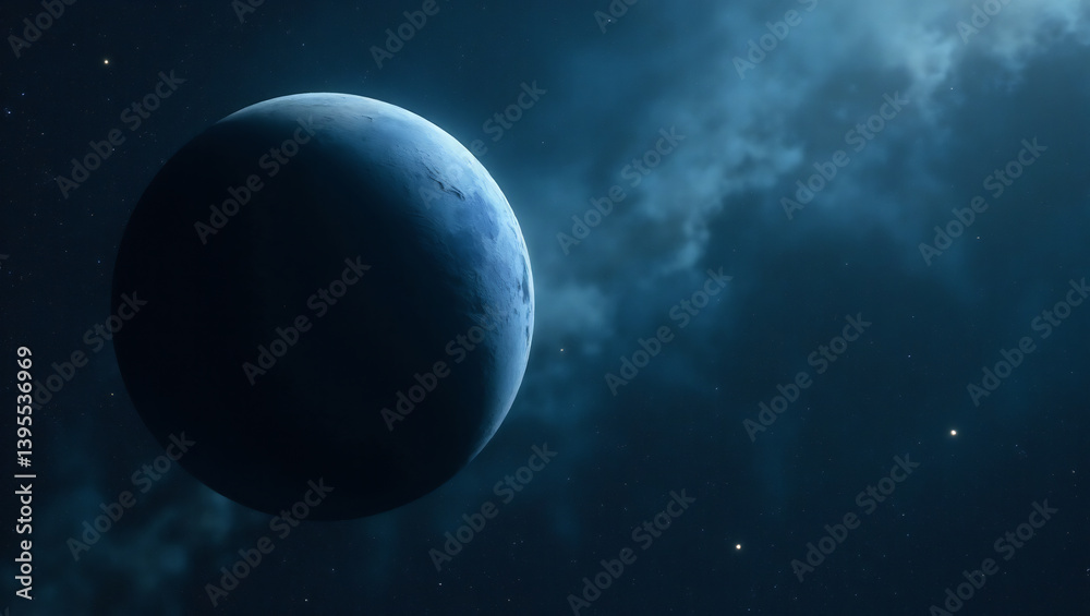 Obraz premium Mysterious Glowing Blue Exoplanet Adrift in a Starry Deep Space Expanse - Sci-Fi Art
