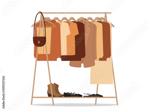 Clothes hanger, clothing organization concept. Clothes, shoes, bag.