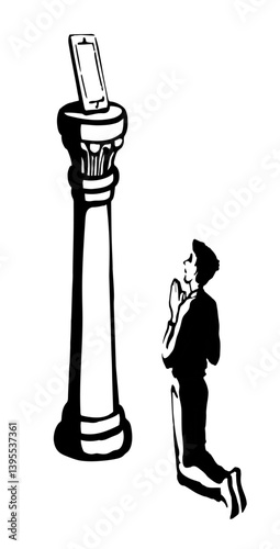 Vector drawing. Adult man worshiping Phone