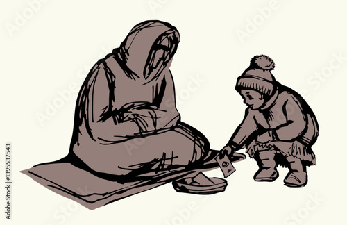 Vector Drawing. Girl Giving Alms to a Beggar