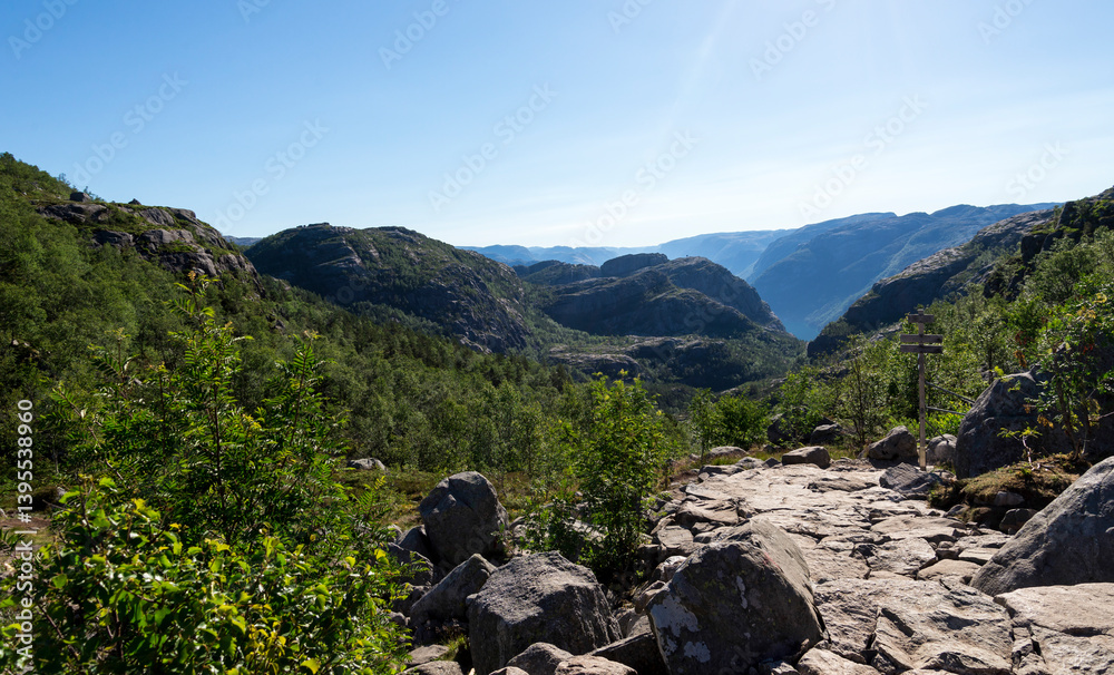 Mountain Valley Scene with Rocks and Greenery on Preikestolen Hiking Trail, Stavanger, Norway, July 2018