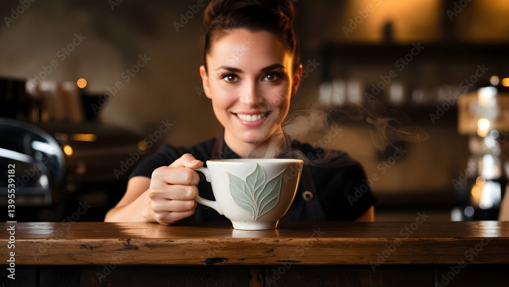 a cinematic, high-contrast photograph of a barista, with warm, golden lighting, standing behind a rustic wooden counter, holding a delicate, white ceramic coffee cup with an intricately designed