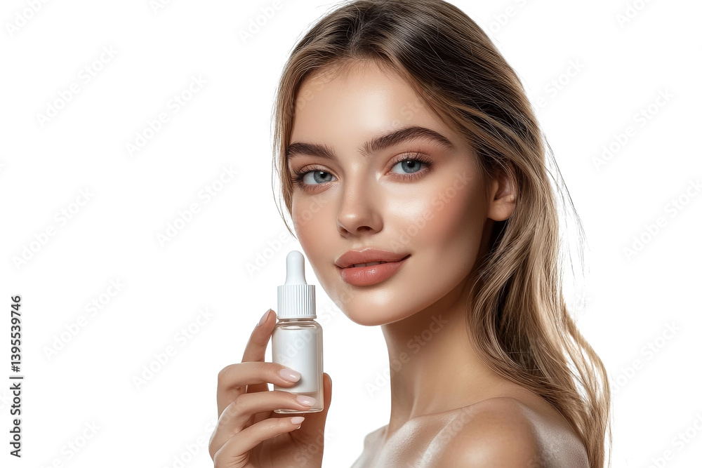 Woman holding skincare serum bottle, looking at camera with glowing skin isolated on transparent png background Woman holding skincare serum bottle, looking at camera with glowing skin isolated on transparent png background