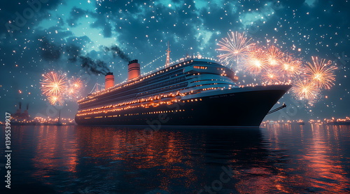 Majestic cruise ship on ocean at night with vibrant fireworks display
