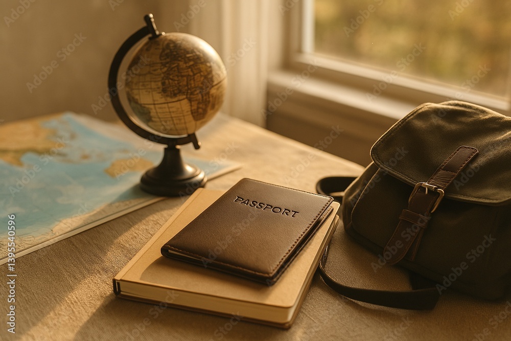 Warm and inviting still life scene featuring a leather passport on a notebook, a vintage globe, and a worn travel backpack, all arranged on a desk lit by natural light.