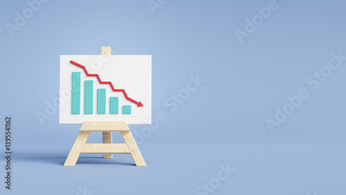 whiteboard easel with descending red bar graph chart arrow down 3d illustration. Crisis, global recession, tariffs effect concept