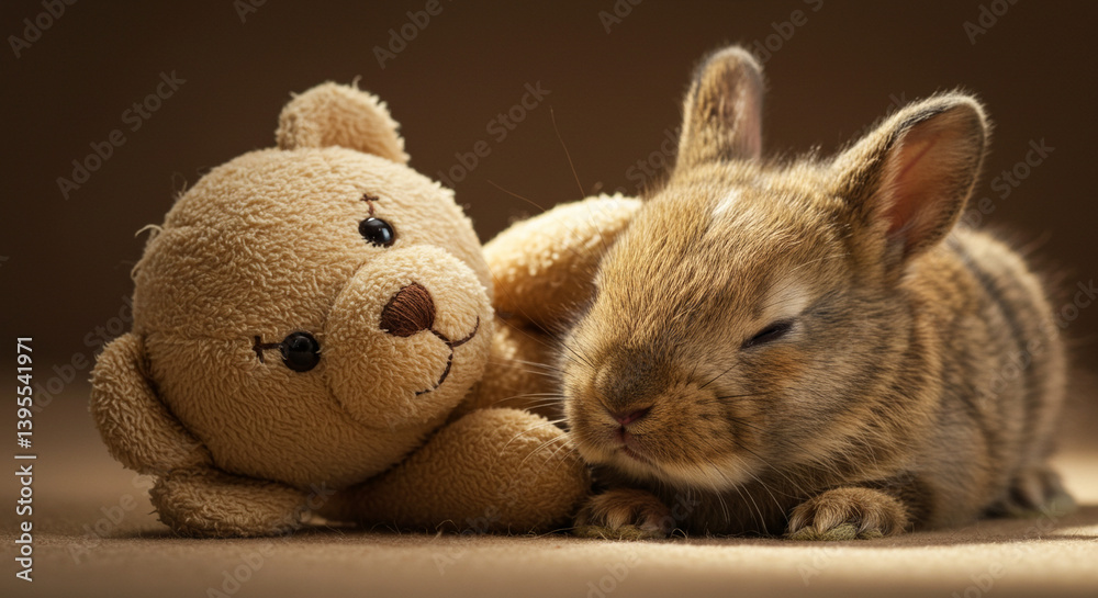 Fototapeta premium Sleeping Bunny Resting with a Stuffed Animal Friend