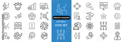 Operations management web icons in line style. Logistics, business process, maintenance, supply chain, improvement, planning, Audit, processing, operation collection