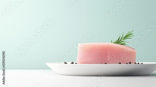 Fresh Raw Fish Fillet on Plate with Green Background and Spice