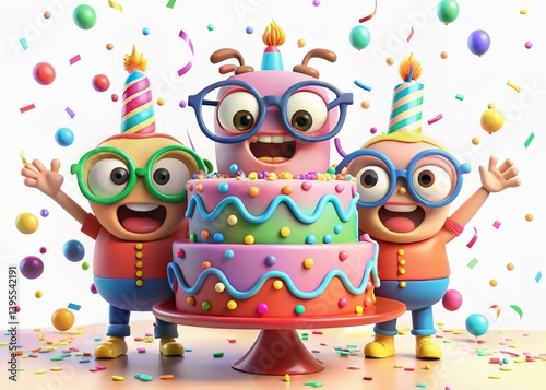 Funny Colorful Birthday Cake with Glasses & 3D Characters - Drone Aerial View