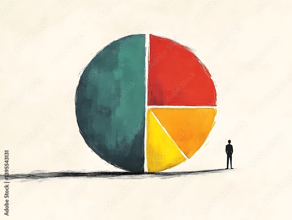 A large, abstract pie chart illustration, showcasing disproportionate segments and a solitary figure.