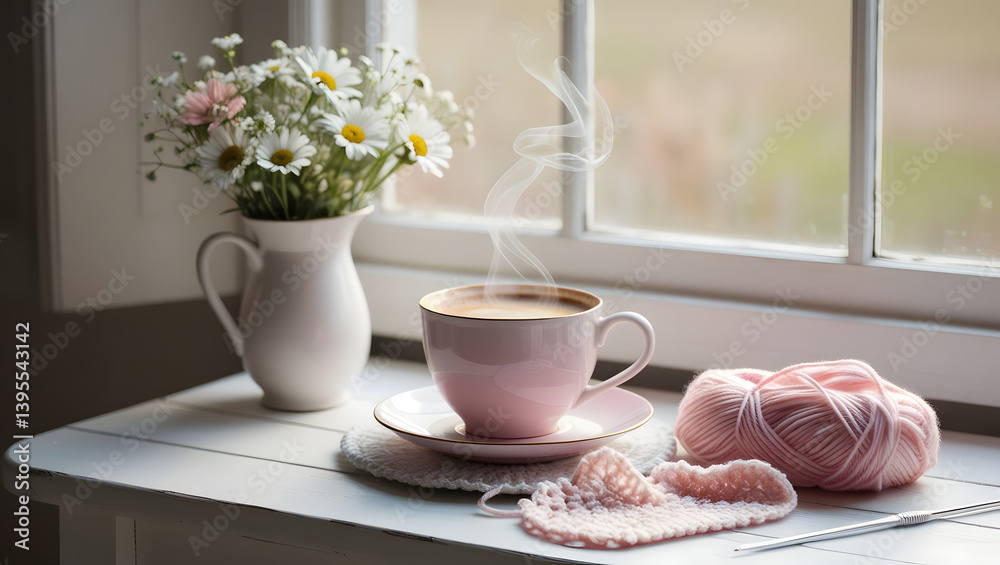 A serene morning scene featuring a delicate, rose-tinted steaming cup of hot coffee sitting atop a rustic white wooden table, positioned near a sun-kissed window with a beautifully arranged vase