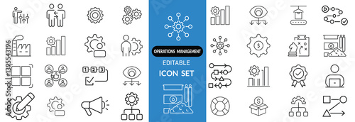 Operations management web icons in line style. Logistics, business process, maintenance, supply chain, improvement, planning, Audit, processing, operation collection. Editable stroke outline icon.