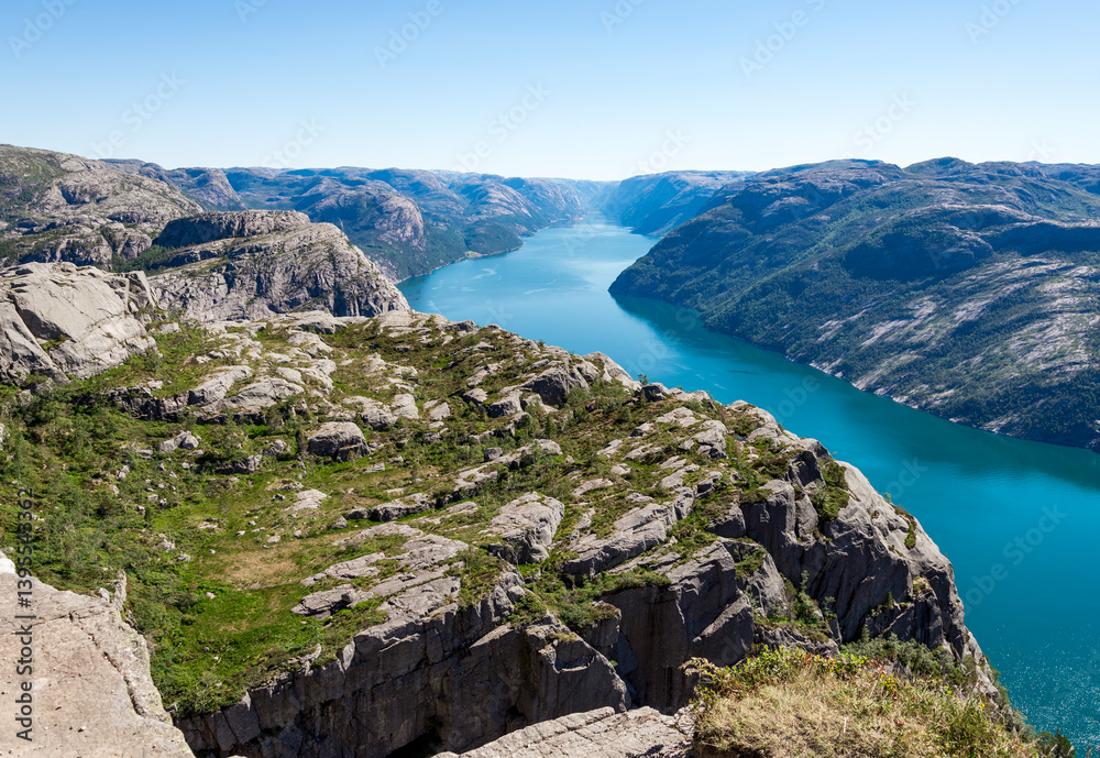 Rugged Terrain of Rocky Plateau and Long Stretched Lysefjord Fjord, Stavanger, Norway, July 2018