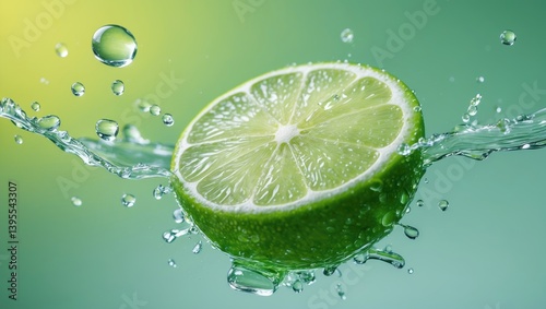 Green background featuring fresh lime and water splash