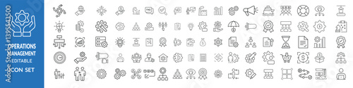 Operations management web icons in line style. Logistics, business process, maintenance, supply chain, improvement, planning, Audit, processing, operation collection. Editable stroke outline icon.