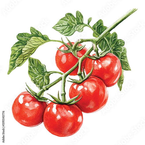 Educational watercolor illustration of tomato plant growth stages on branch with soft natural tones.