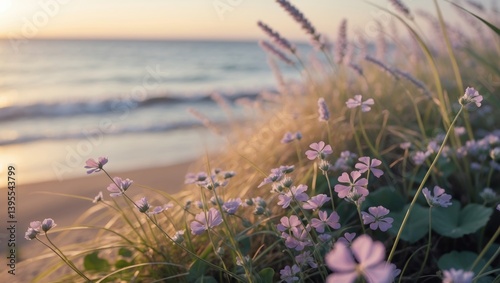 Fototapeta Naklejka Na Ścianę i Meble -  Sunlit clover and grass blossoms along the seaside