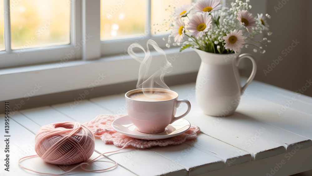 A serene morning scene featuring a delicate, rose-tinted steaming cup of hot coffee sitting atop a rustic white wooden table, positioned near a sun-kissed window with a beautifully arranged vase