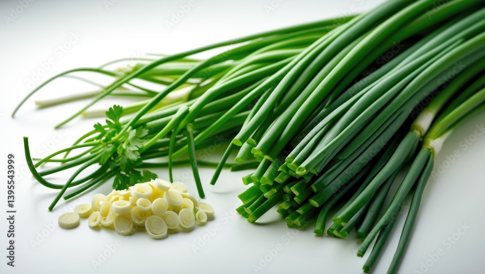 Healthy organic chives: fresh green vegetable, sliced, set against a white background. Healthy organic chives: fresh green vegetable, sliced, set against a white background.