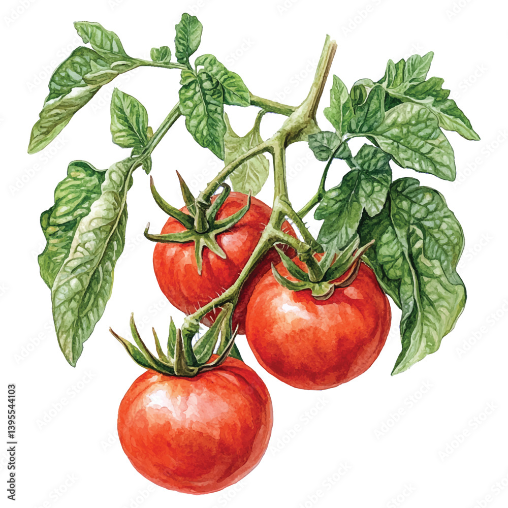 Educational watercolor illustration of tomato plant growth stages on branch with soft natural tones.