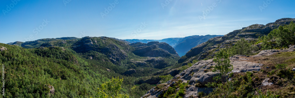 Scenic Panoramic Mountain Landscape With Dense Forest on Preikestolen Hiking Trail, Stavanger, Norway, July 2018