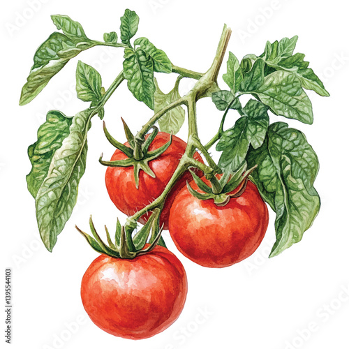 Educational watercolor illustration of tomato plant growth stages on branch with soft natural tones.