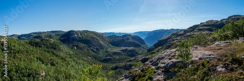 Obraz na płótnie Scenic Panoramic Mountain Landscape With Dense Forest on Preikestolen Hiking Trail, Stavanger, Norway, July 2018 w salonie