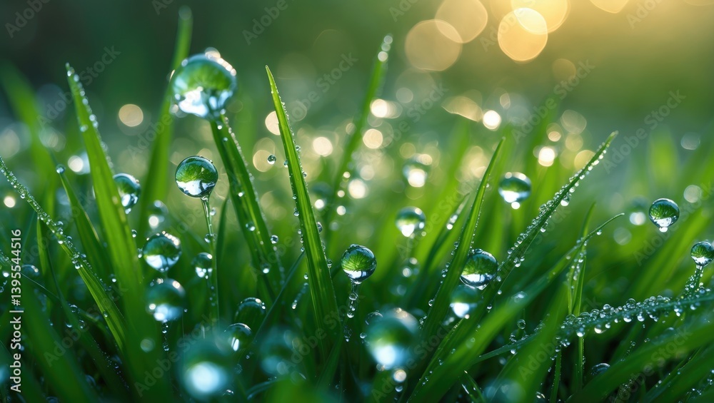 Fototapeta premium Natural background featuring morning dew on spring grass, close-up with shallow depth of field.